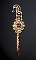 Turban Ornament (jigha), Gold, set with spinel, diamonds, rubies, with hanging emerald; enamel on stem and reverse